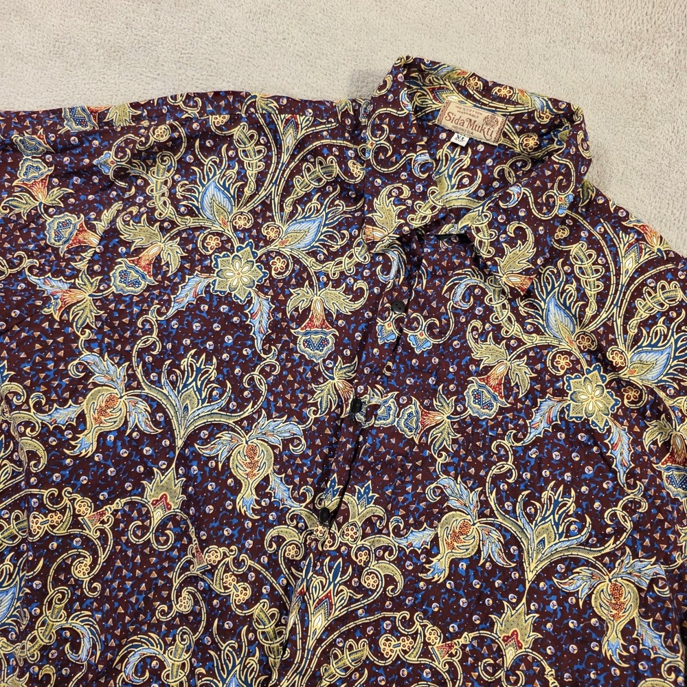 Sida Mukti Button Down Shirt Mens XL Burgundy Batik Floral Cotton Boho Skater